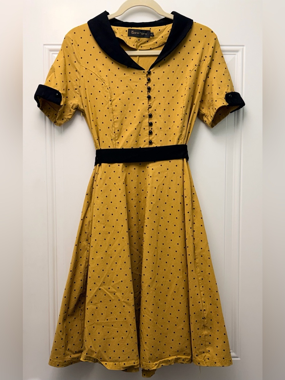 Vintage-Inspired Mustard Polka Dot Fit & Flare Dress w/Black Trim Gown Town L